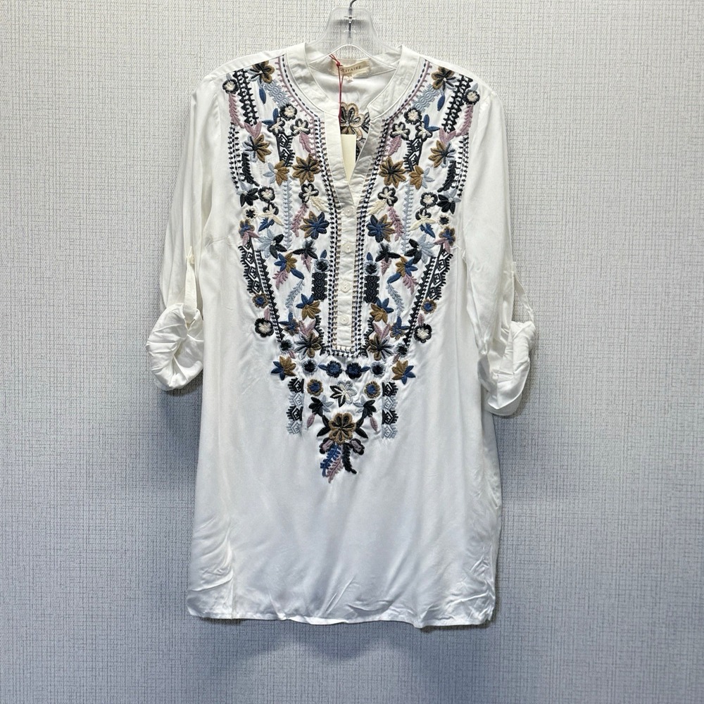 Solitaire Embroidered Tunic Top Womens Small White‎ Floral Boho Artisan 18-1528